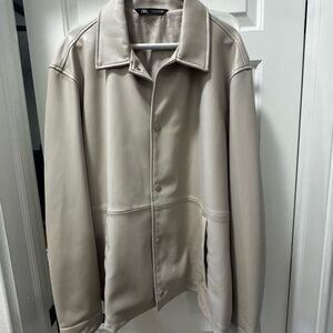 Zara Cream Faux Leather Button-Front Shirt Jacket